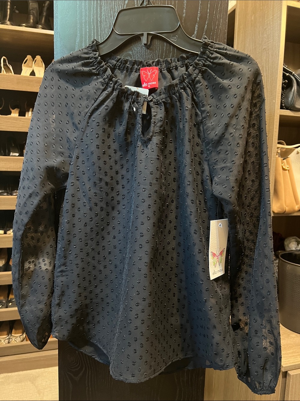 NWT Girls Ella Moss Black Pretty Semi Sheer Swiss Dot Peasant Blouse Sz 10